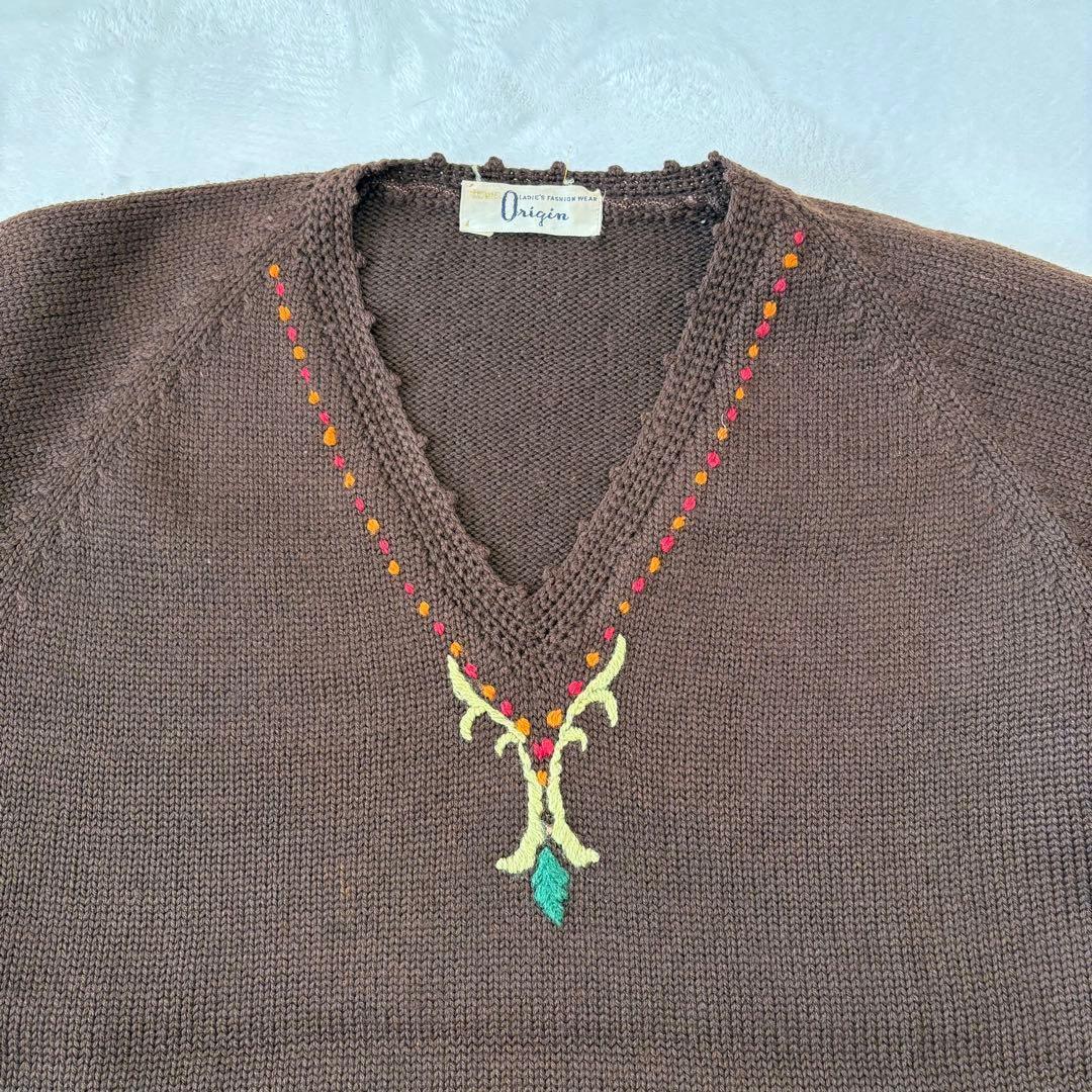 .Towa origin 刺繍　ニットトップス　茶色 ブラウン　七分袖　Tシャツ 7