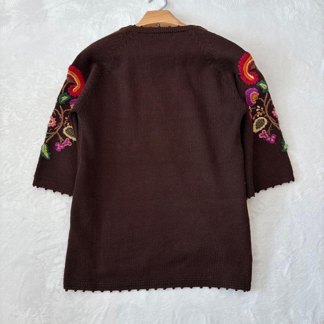 .Towa origin 刺繍　ニットトップス　茶色 ブラウン　七分袖　Tシャツ 10