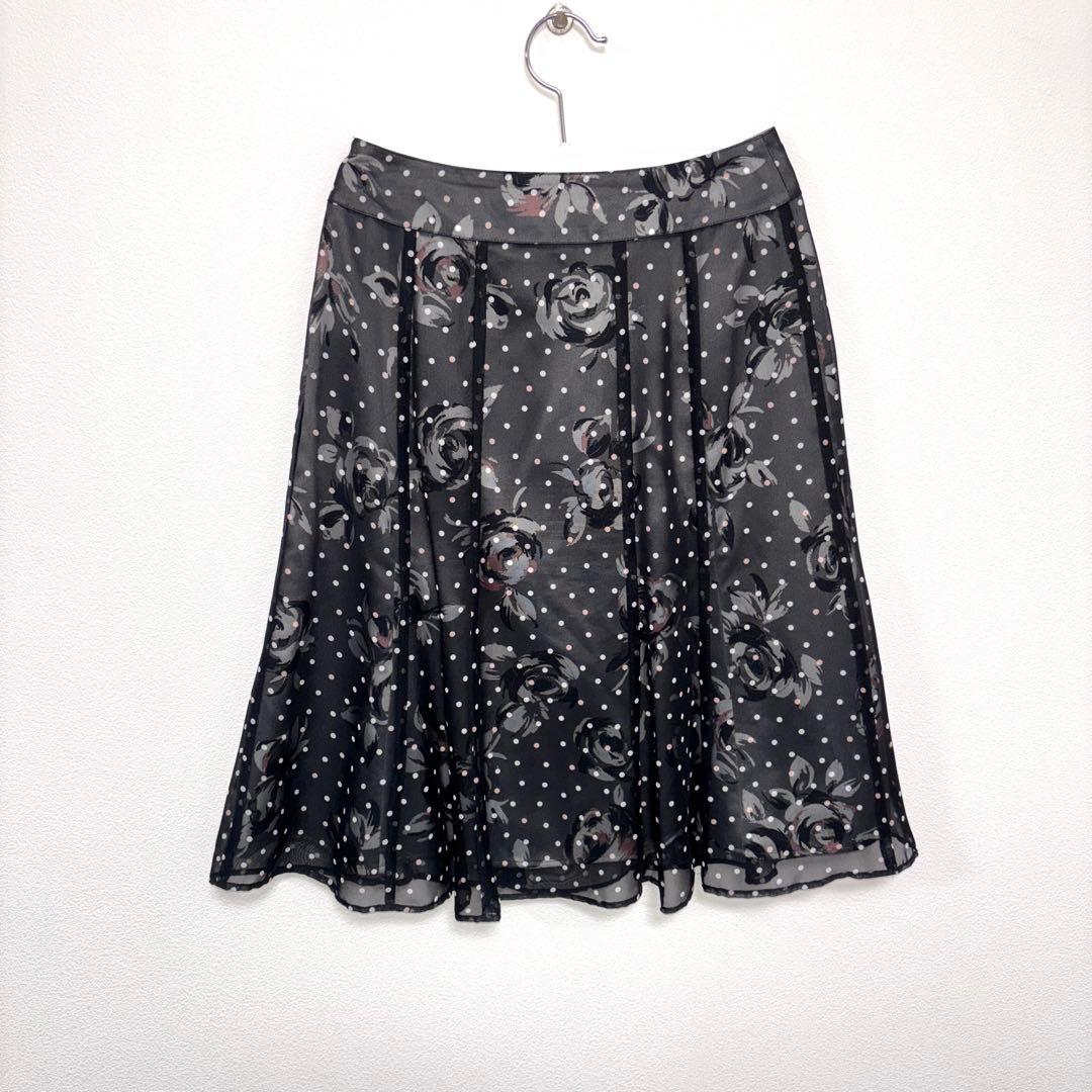 Aylesbury フレアスカート S グレー系 花柄ドットシアーひざ丈d751 11