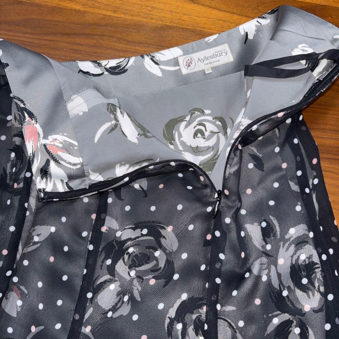 Aylesbury フレアスカート S グレー系 花柄ドットシアーひざ丈d751 12