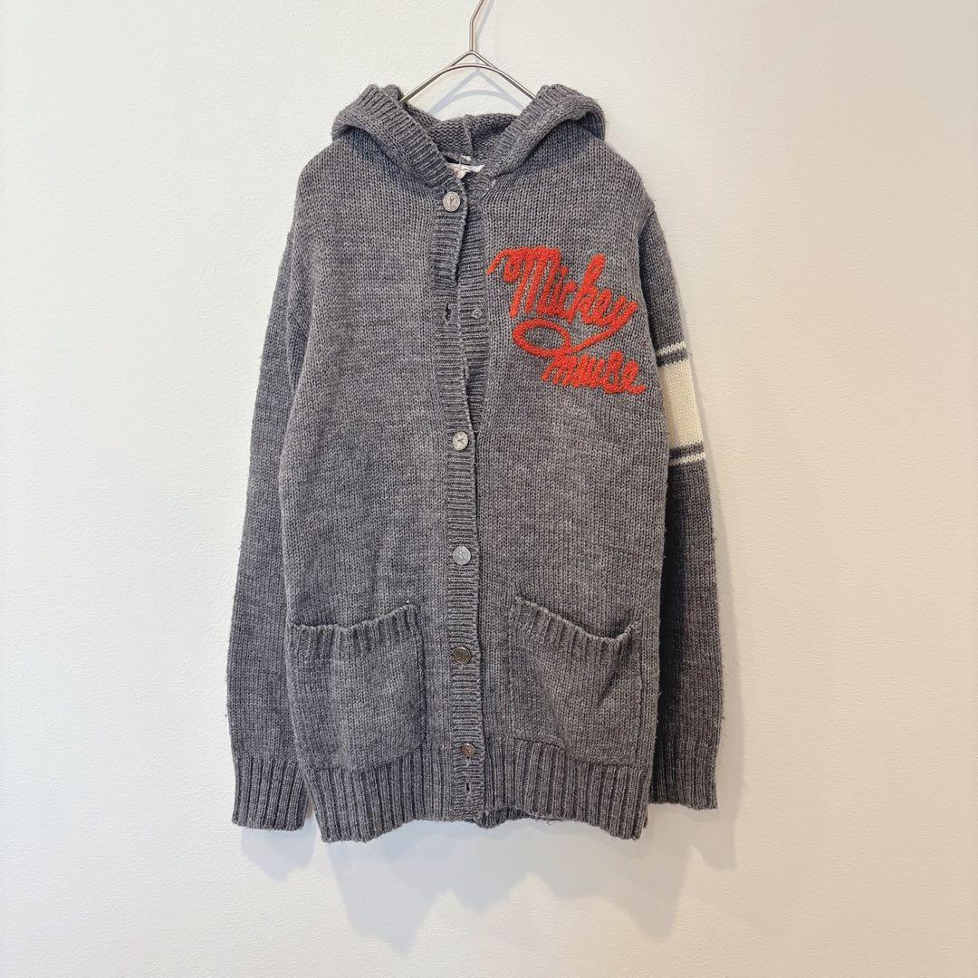 ミッキーマウス ニットパーカー 刺繍 グレー M ディズニー フーディー 羽織り