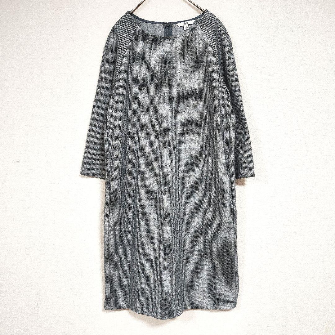 UNIQLO グレー ラウンドネック 七分袖 ニットワンピース M シンプル 春