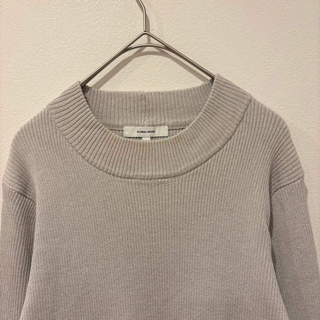 グローバルワーク リブニットセーター　長袖 ラメ入り L グレー　ベージュ 2