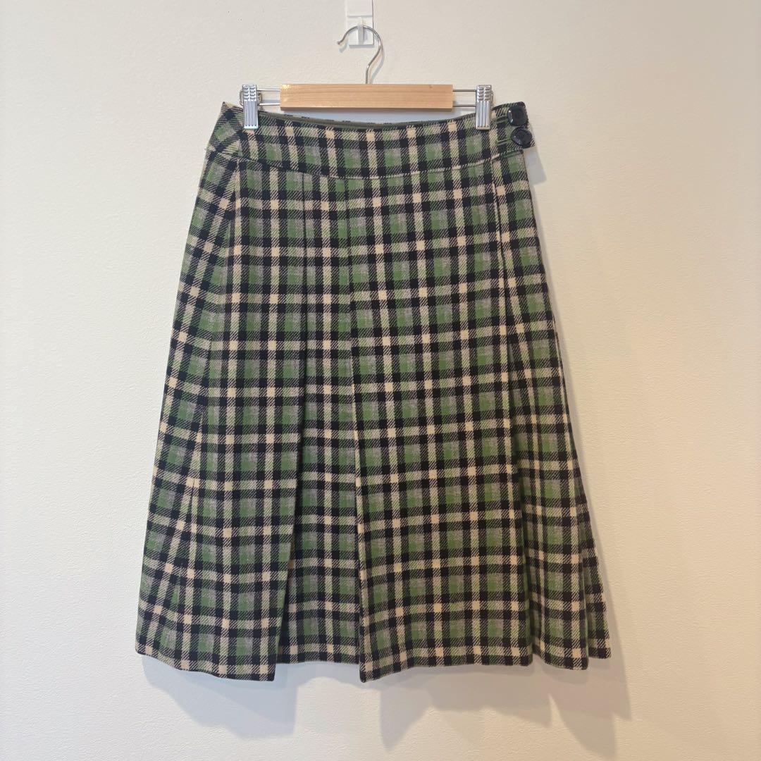 ネミ フレアスカート 膝丈　チェック柄　ウール調 グリーン 緑　M ビンテージ