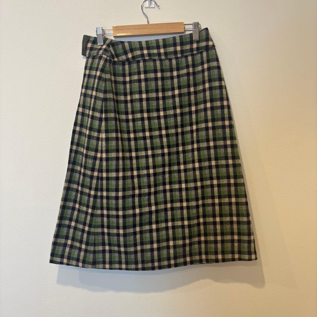 ネミ フレアスカート 膝丈　チェック柄　ウール調 グリーン 緑　M ビンテージ 4