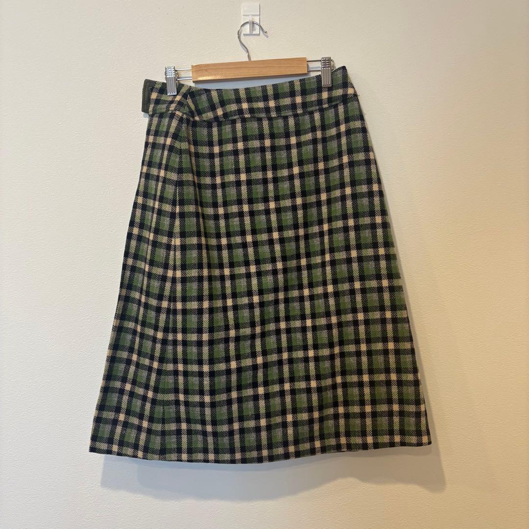 ネミ フレアスカート 膝丈　チェック柄　ウール調 グリーン 緑　M ビンテージ 5