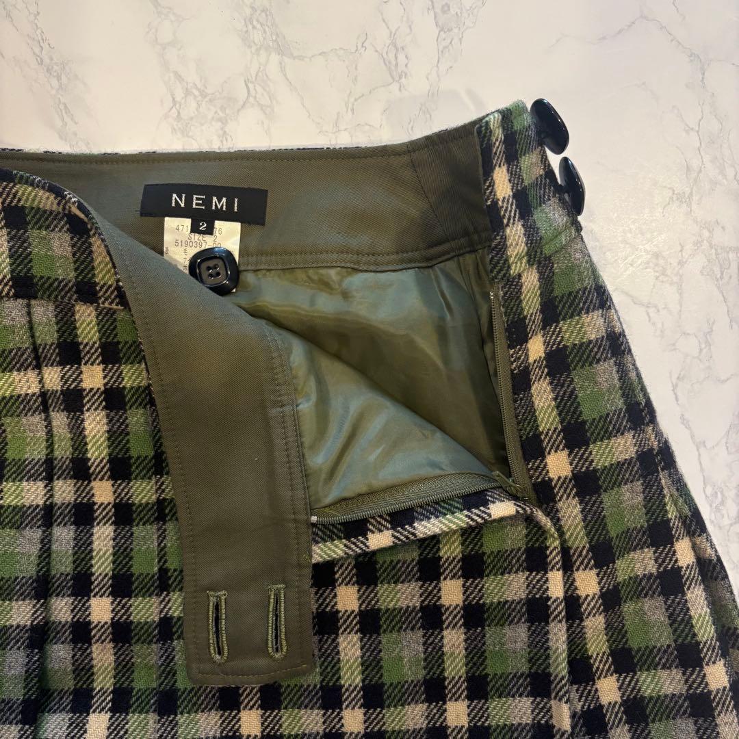 ネミ フレアスカート 膝丈　チェック柄　ウール調 グリーン 緑　M ビンテージ 7