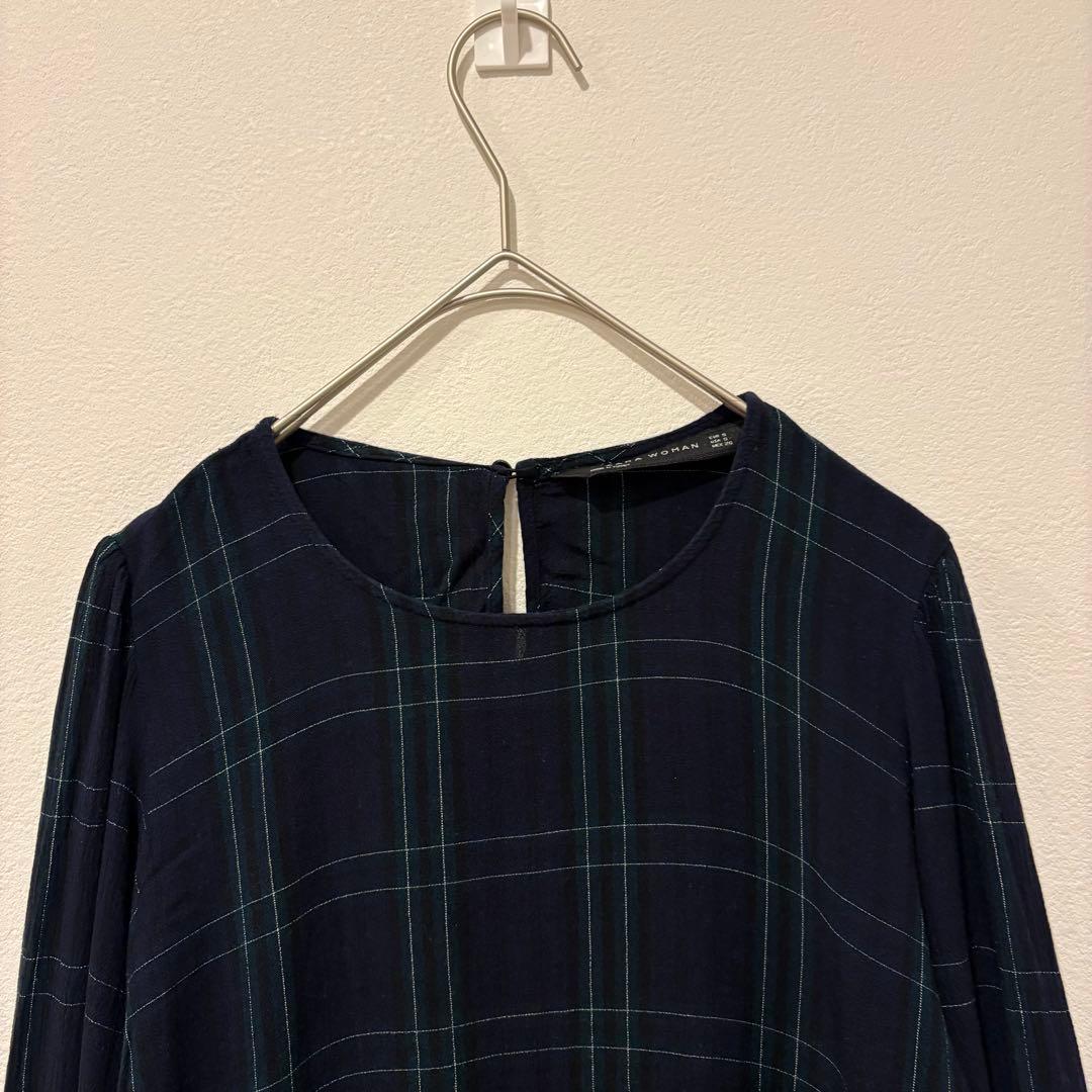 ザラ ブラウス トップス　長袖 チェック柄　ネイビー 紺色　緑　Sサイズ　上品 2