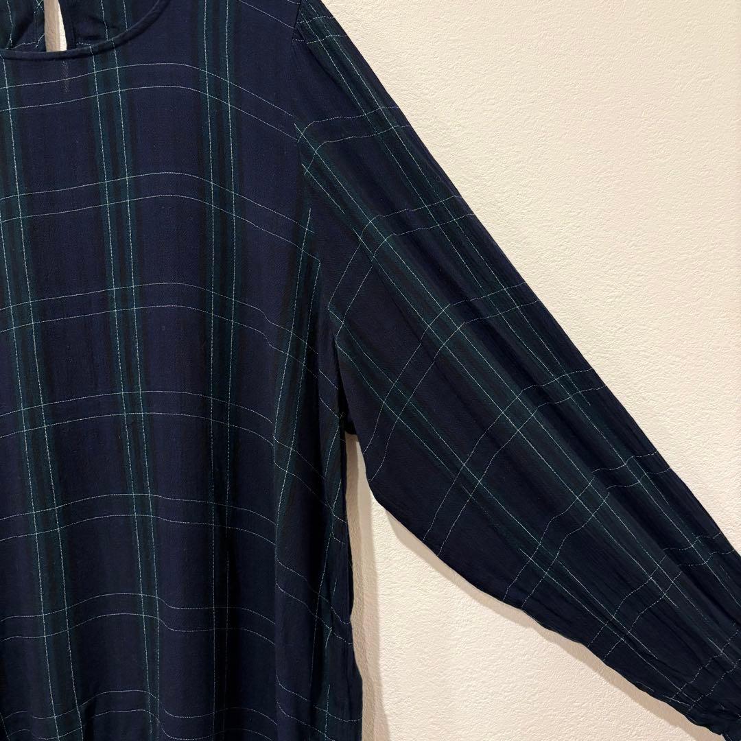 ザラ ブラウス トップス　長袖 チェック柄　ネイビー 紺色　緑　Sサイズ　上品 4