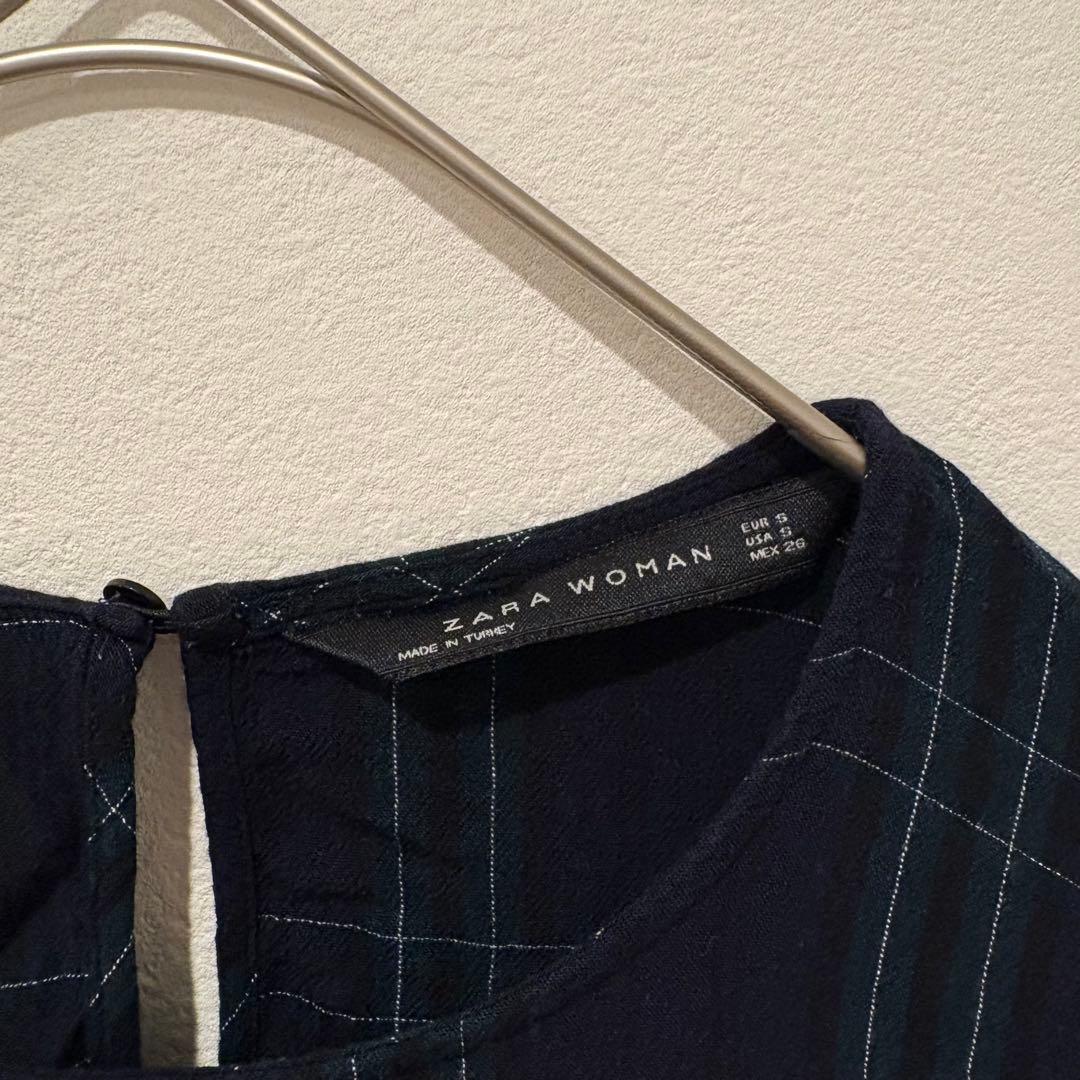 ザラ ブラウス トップス　長袖 チェック柄　ネイビー 紺色　緑　Sサイズ　上品 5