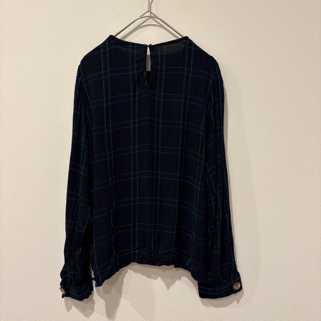 ザラ ブラウス トップス　長袖 チェック柄　ネイビー 紺色　緑　Sサイズ　上品 6