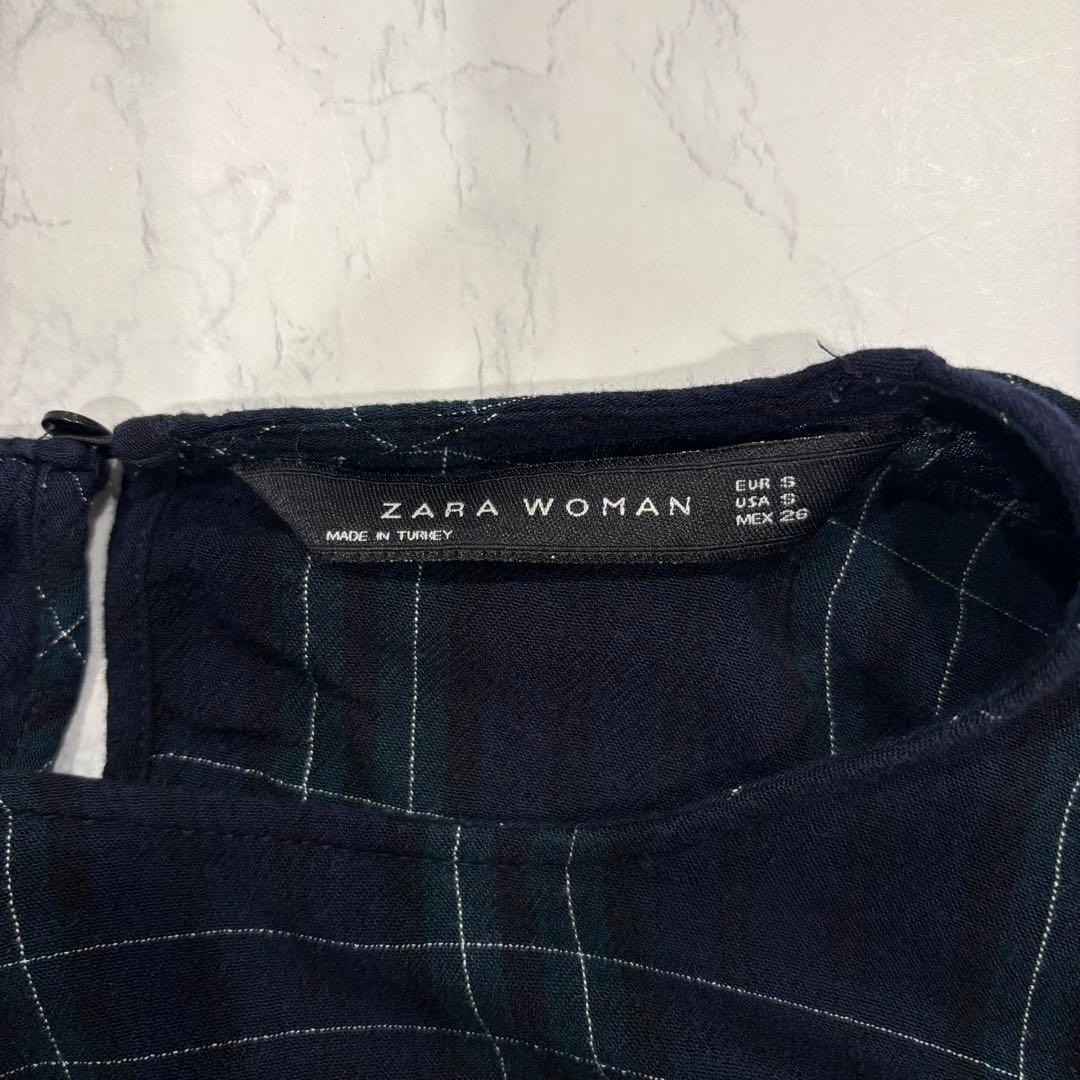 ザラ ブラウス トップス　長袖 チェック柄　ネイビー 紺色　緑　Sサイズ　上品 8