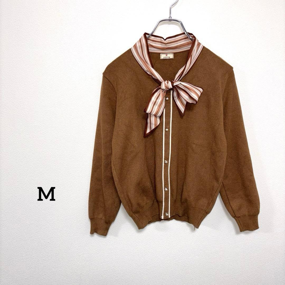 韓国ブランドリボン付きブラウンニットセーター Mダミーボタン d759