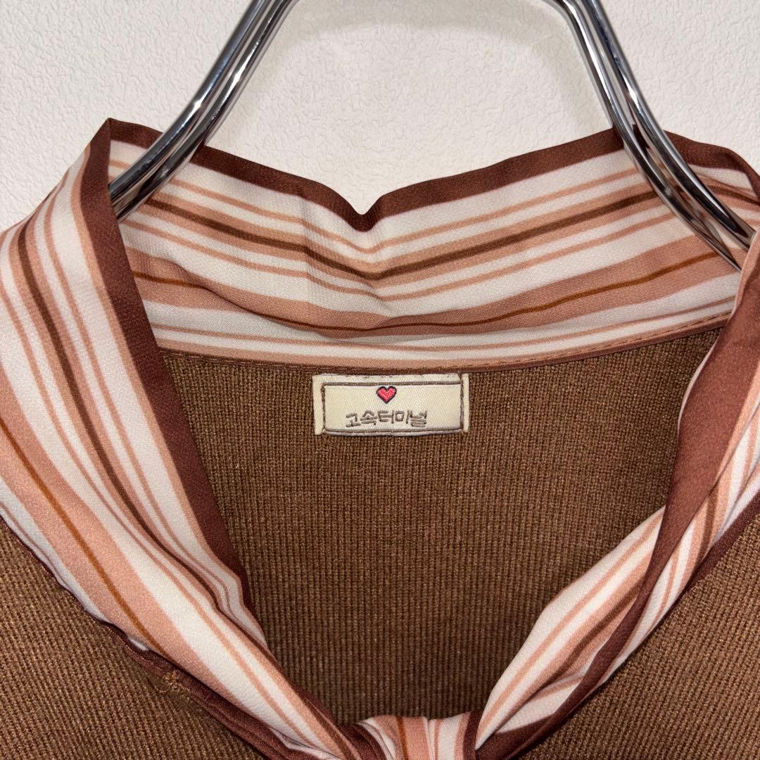 韓国ブランドリボン付きブラウンニットセーター Mダミーボタン d759 3