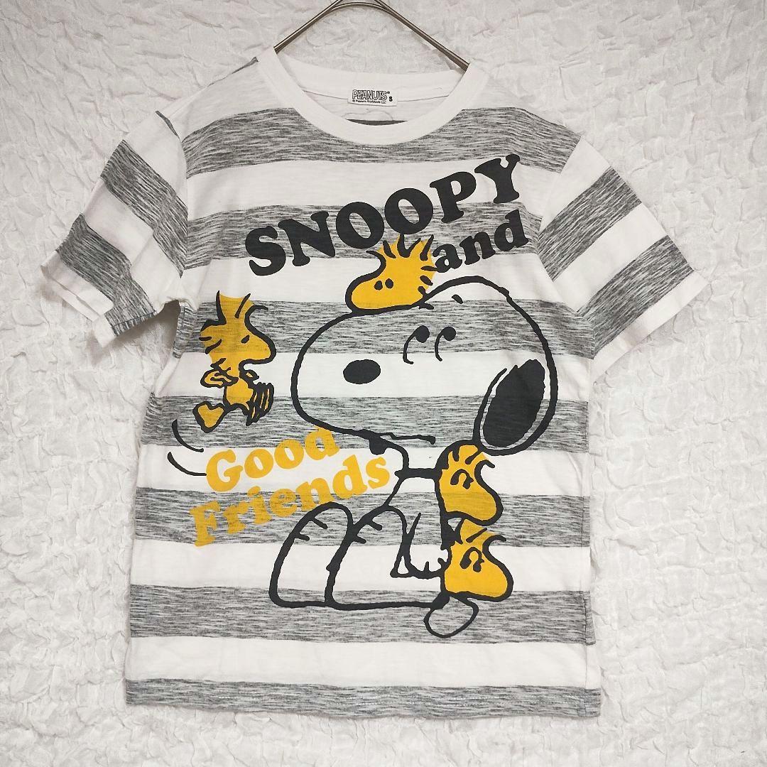 PEANUTS スヌーピー プリントストライプ 半袖Tシャツ S 白/グレー系