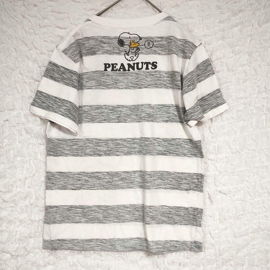 PEANUTS スヌーピー プリントストライプ 半袖Tシャツ S 白/グレー系 2