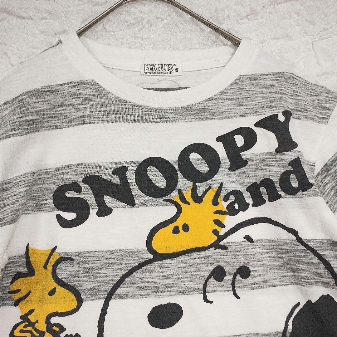 PEANUTS スヌーピー プリントストライプ 半袖Tシャツ S 白/グレー系 4