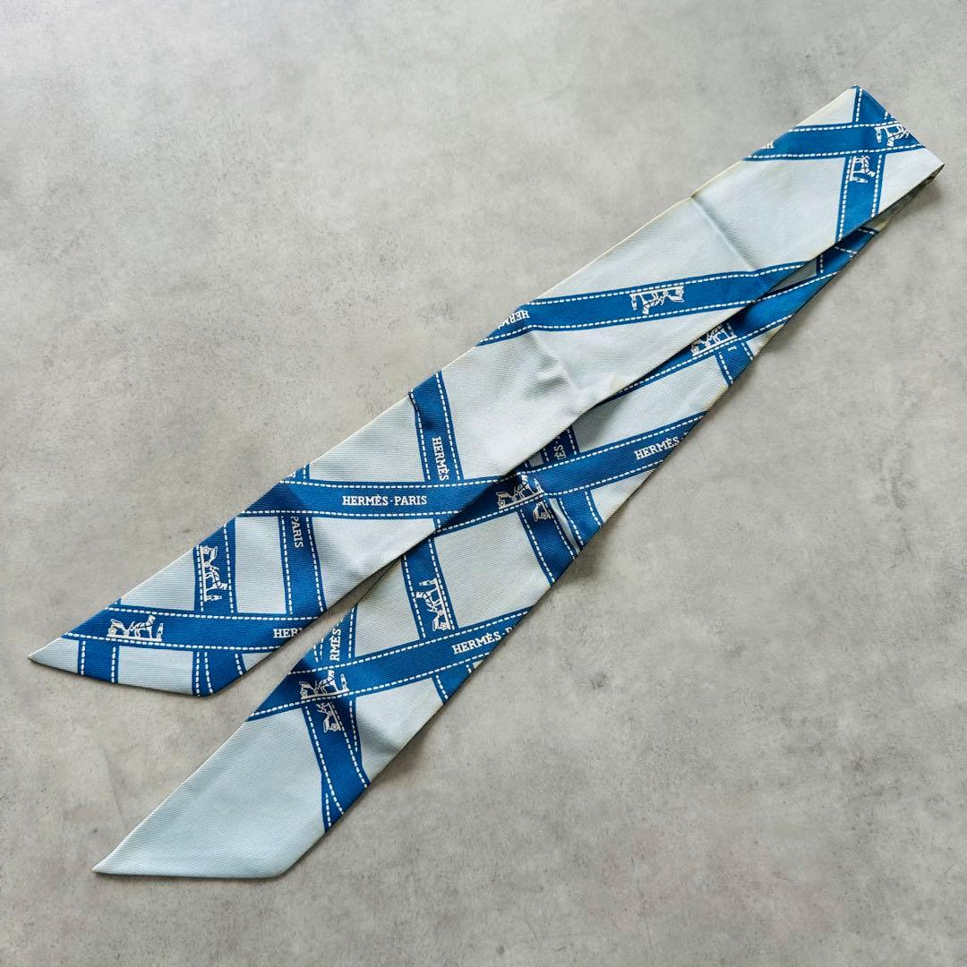 HERMES ツイリー ボルデュック リボン シルク ブルー ライトブルー