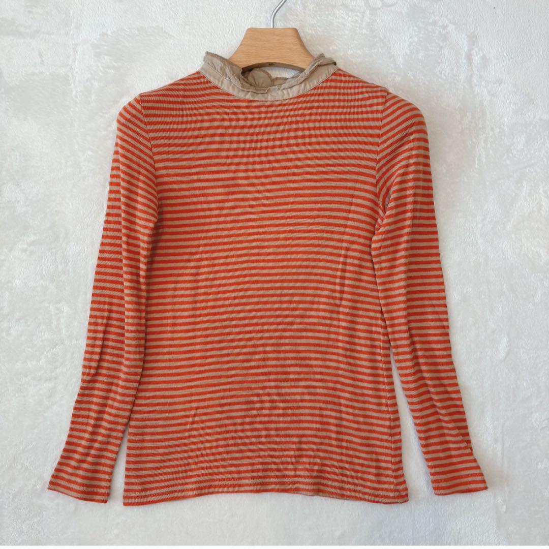 .キューブシュガー ボーダー　カットソー 長袖　フリルネック オレンジ M