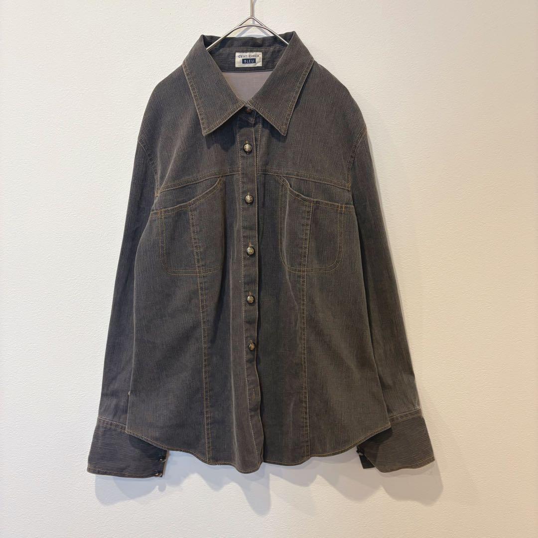 セシカブルー デニムジャケット　シャツ　長袖 ステッチ カジュアル グレー M