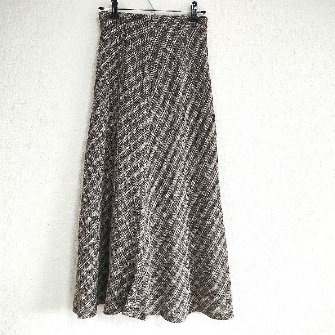 【コース】ブラウン チェック柄 フレアロングスカート ひざ丈M 新品タグ付き麻風