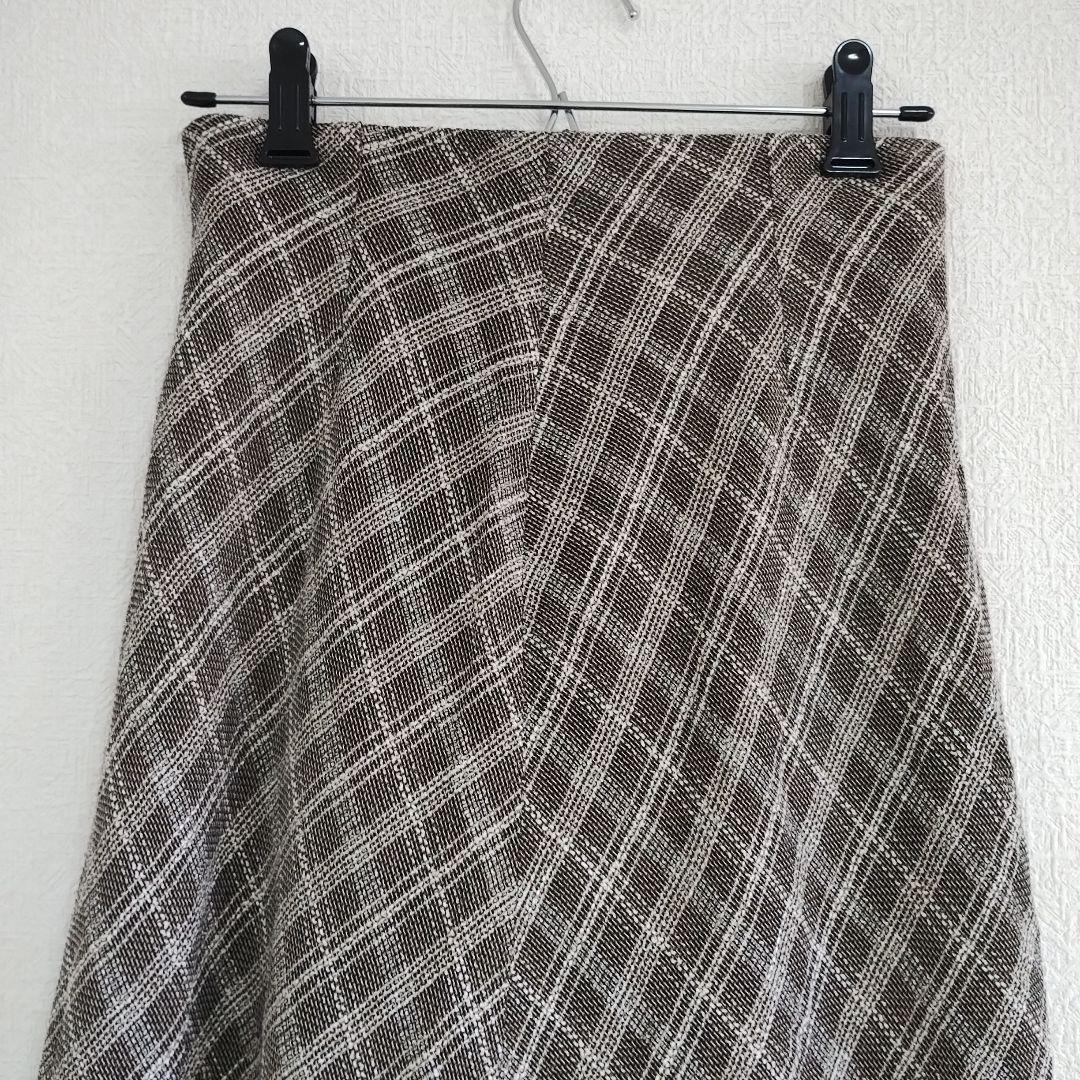 【コース】ブラウン チェック柄 フレアロングスカート ひざ丈M 新品タグ付き麻風 2