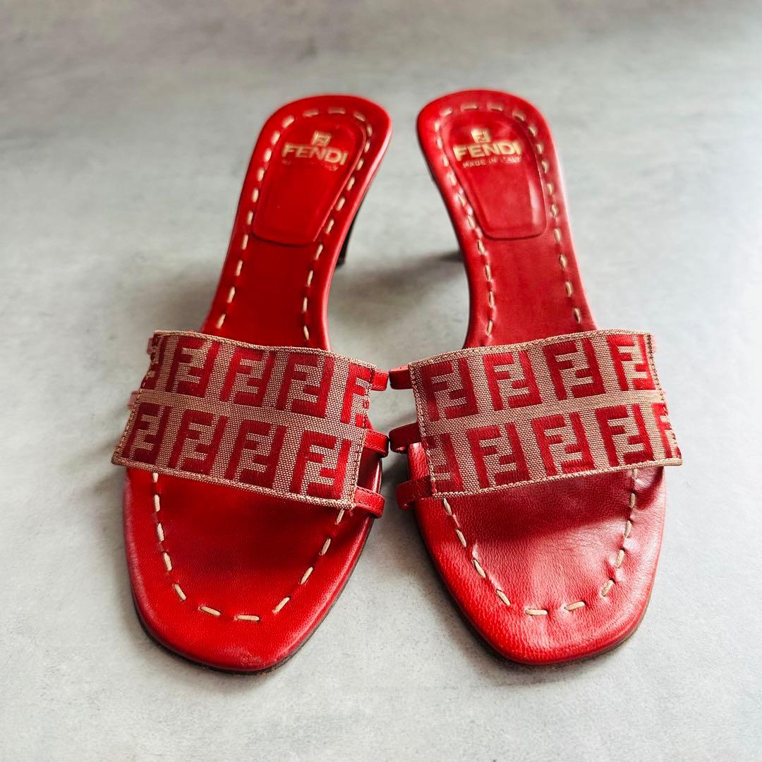 FENDI ズッカ ステッチ ミュール サンダル 赤 3
