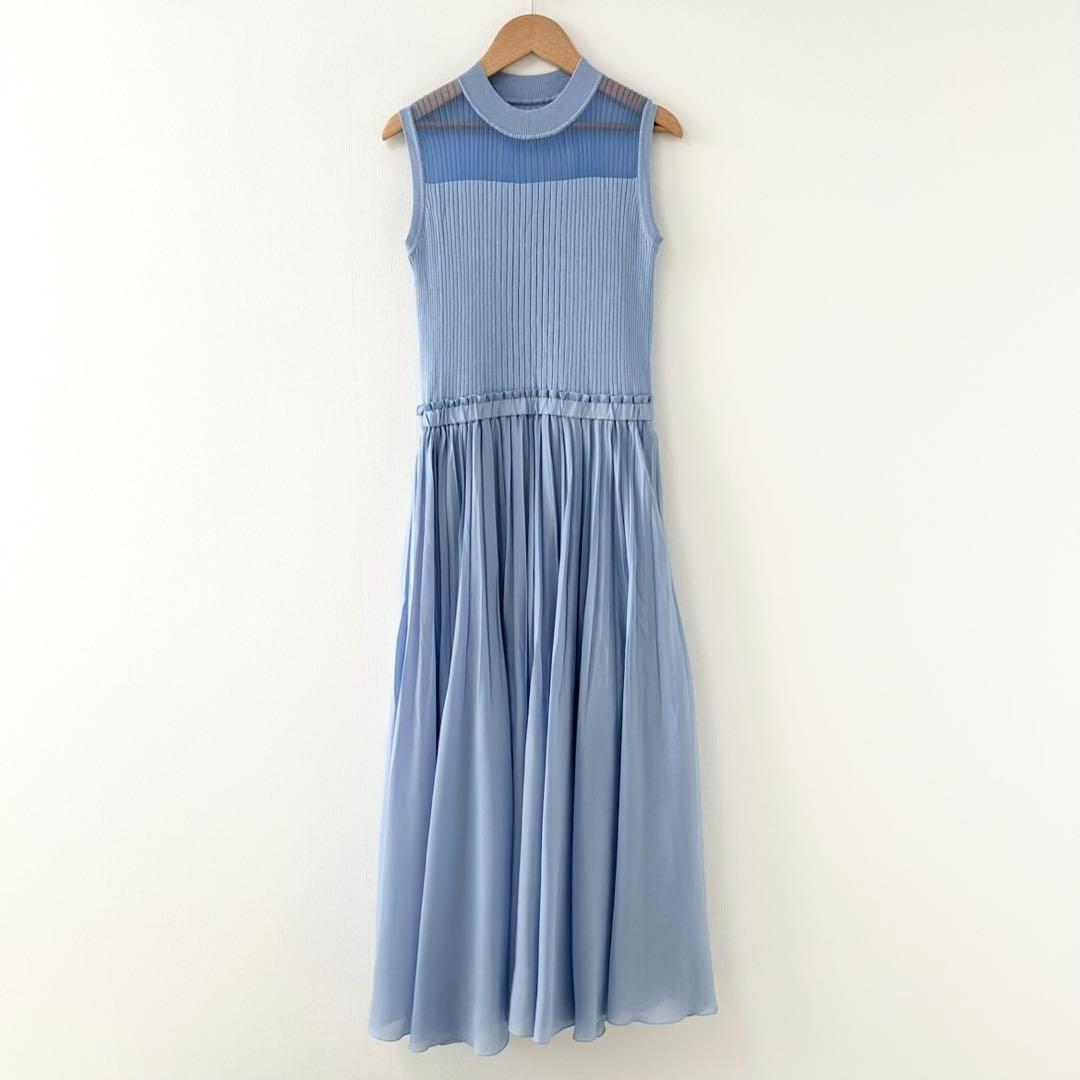 ANAYI アナイ　シアーリブプリーツドッキングワンピース　ブルー　38