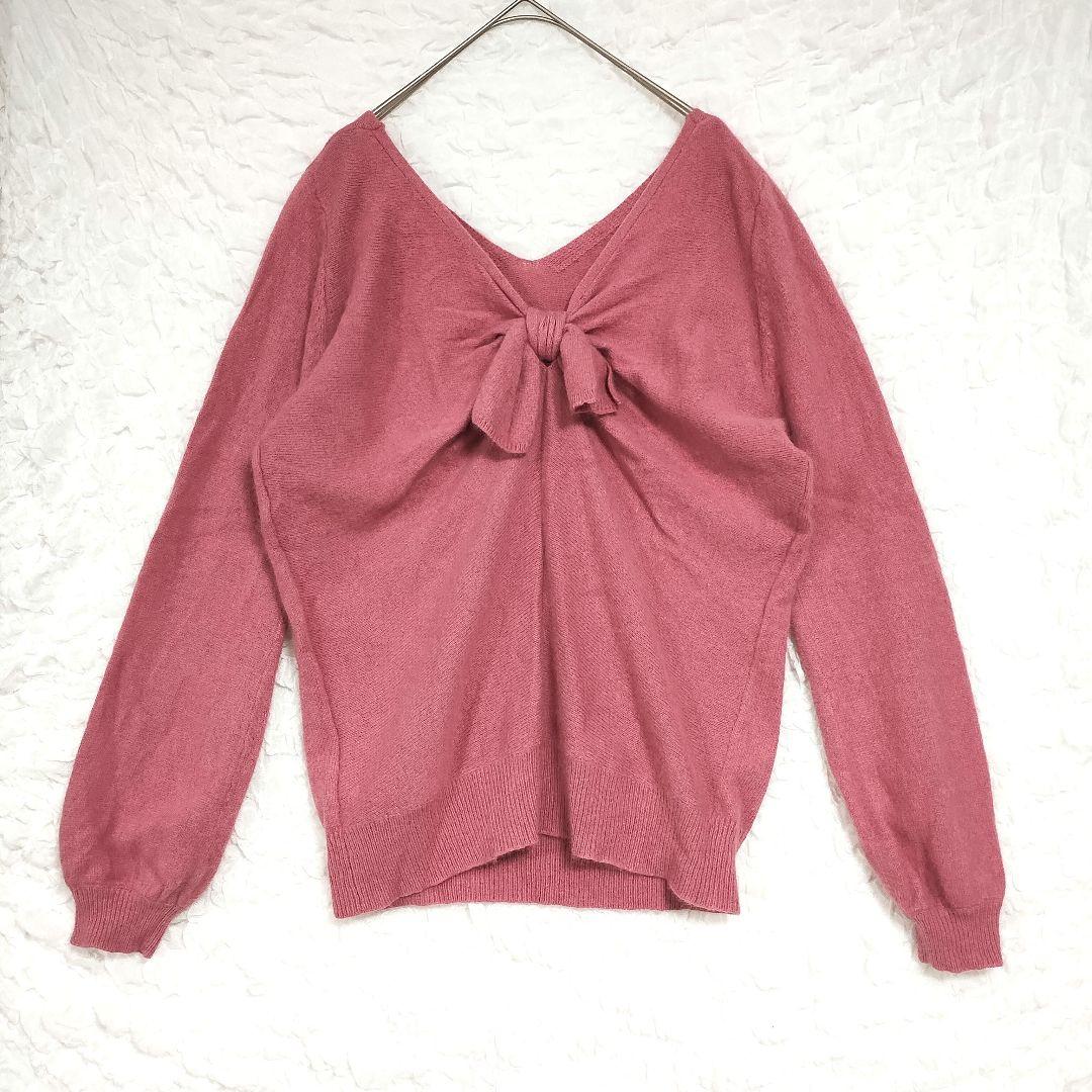 ウィルセレクション バックリボン Vネック ニット 濃いピンク M 柔らか