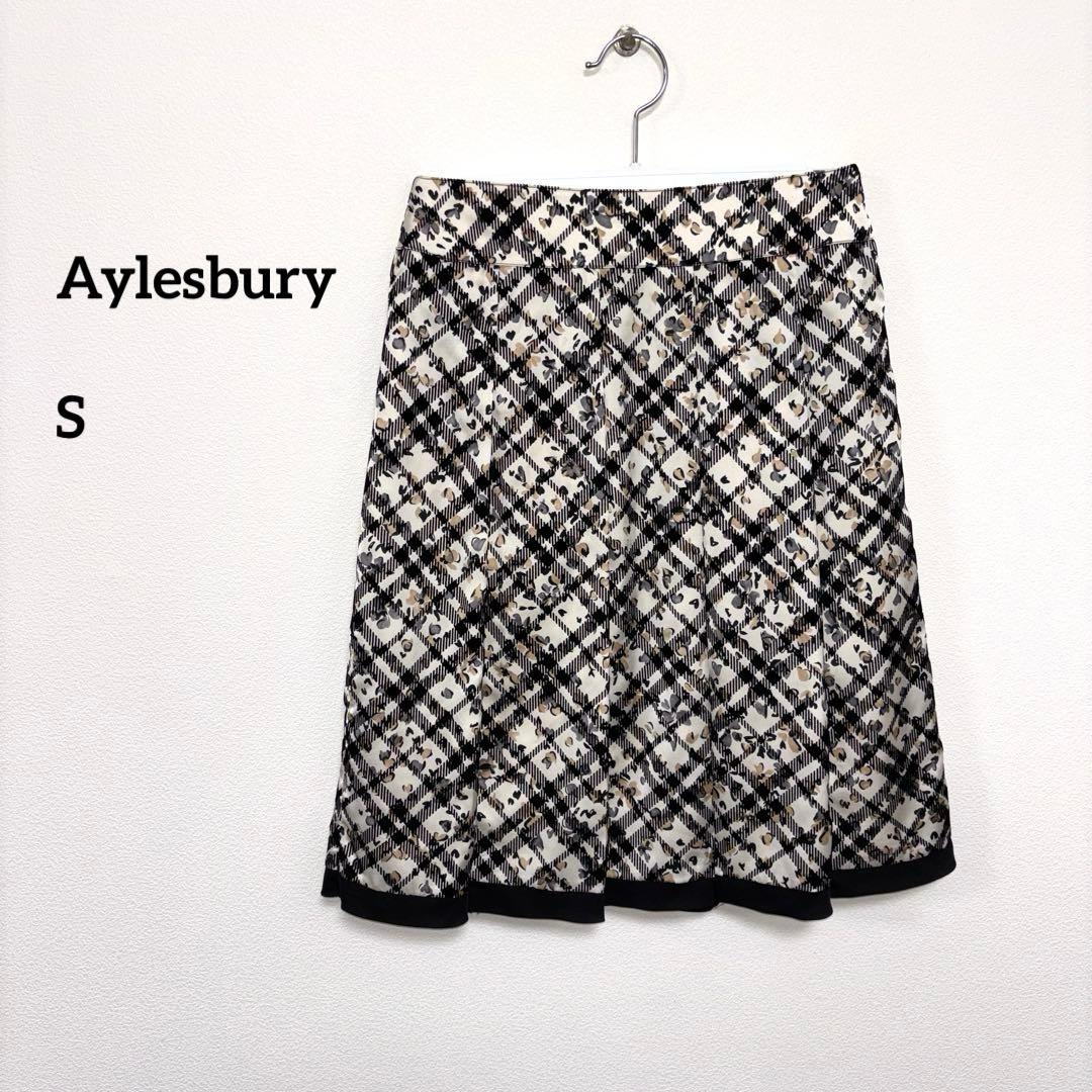 Aylesbury チェック花柄フレアスカート S膝丈 d758