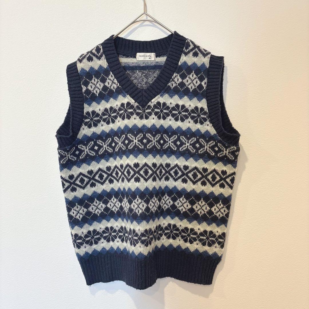 イノセント ニットベスト ノルディック柄 Vネック ネイビー 紺色　M 重ね着