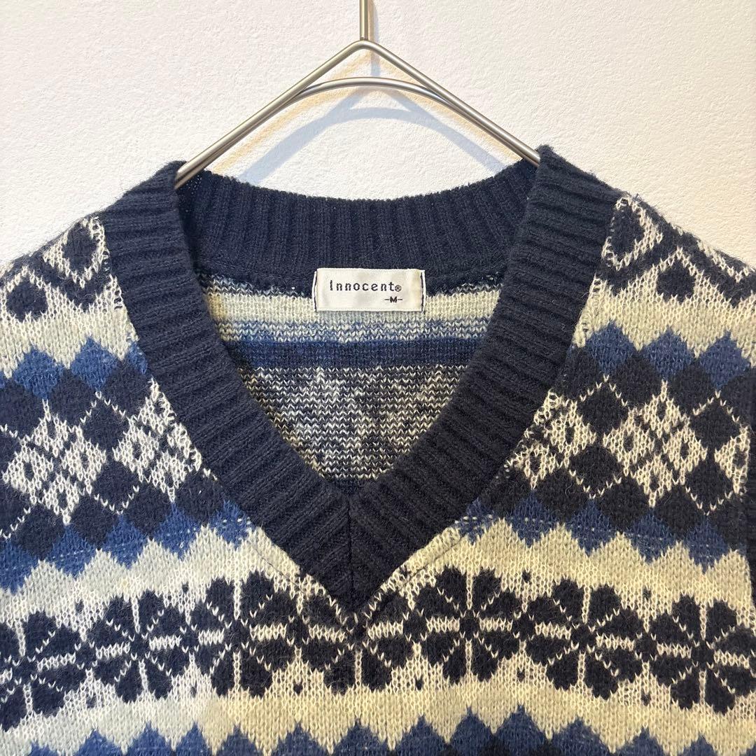 イノセント ニットベスト ノルディック柄 Vネック ネイビー 紺色　M 重ね着 2