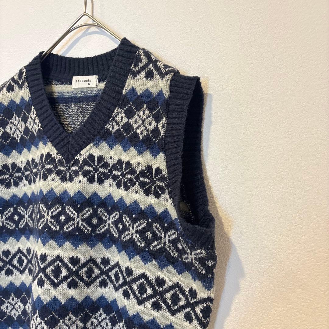イノセント ニットベスト ノルディック柄 Vネック ネイビー 紺色　M 重ね着 3