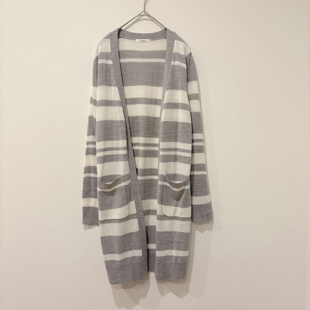 Suneue ロングカーディガン ボーダー 長袖　グレー M 羽織り ニット