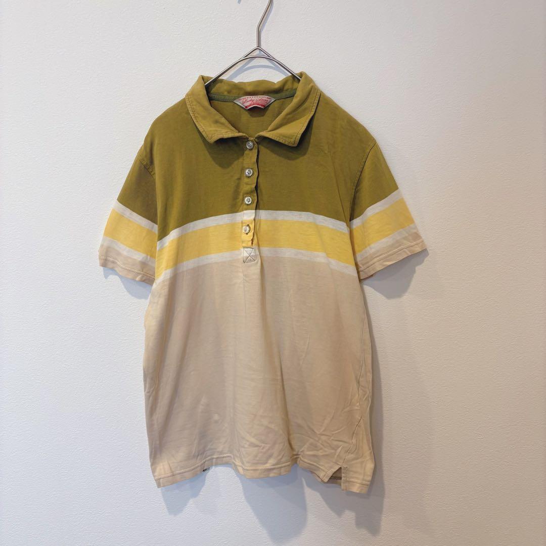 ラッキーストア ポロシャツ 半袖 ボーダー 切替 カーキ ベージュ L