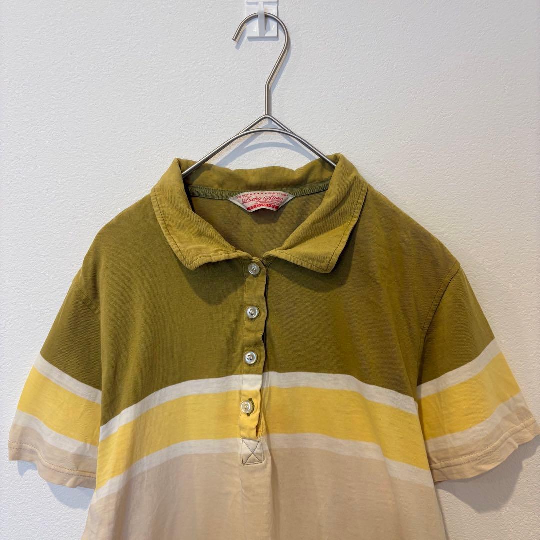 ラッキーストア ポロシャツ 半袖 ボーダー 切替 カーキ ベージュ L 2
