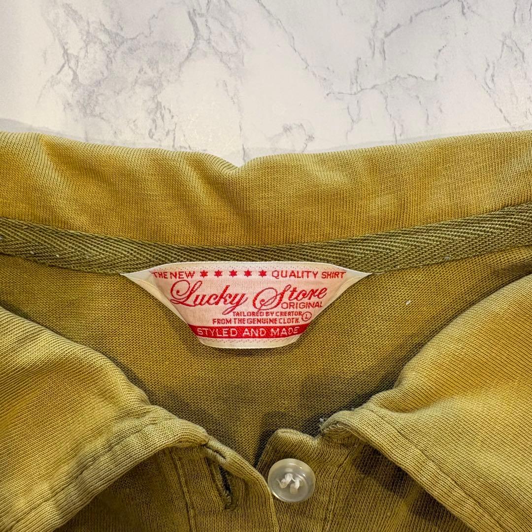 ラッキーストア ポロシャツ 半袖 ボーダー 切替 カーキ ベージュ L 7